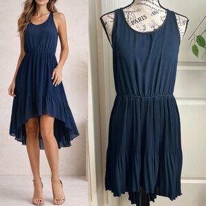 Maitai High Low Pleated Chiffon Sleeveless Dress Navy Blue Sz M